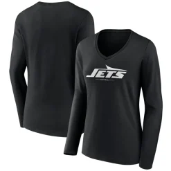 Women New York Jets T-Shirts | Women^Women's Black Logo Team Lockup Long Sleeve V-Neck T-Shirt