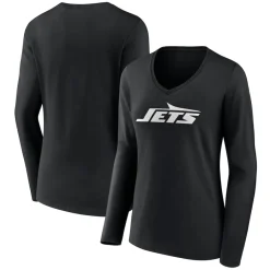New York Jets Long Sleeved^Women's Black Primary Team Logo Long Sleeve V-Neck T-Shirt