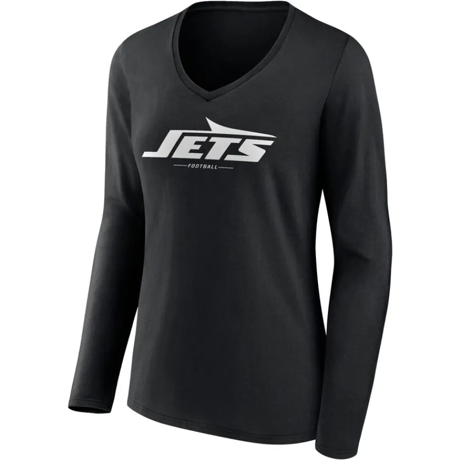 Women New York Jets T-Shirts | Women^Women's Black Logo Team Lockup Long Sleeve V-Neck T-Shirt