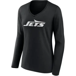 New York Jets Long Sleeved^Women's Black Primary Team Logo Long Sleeve V-Neck T-Shirt