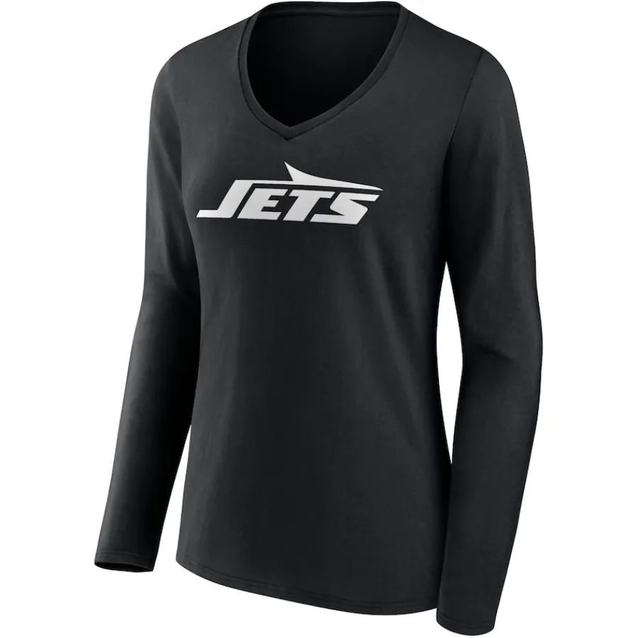 New York Jets Long Sleeved^Women's Black Primary Team Logo Long Sleeve V-Neck T-Shirt