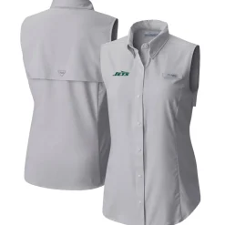 New York Jets Tank Tops^Women's Columbia Gray PFG Tamiami Omni-Shade Sleeveless Button-Up Shirt
