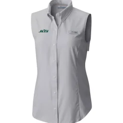 New York Jets Tank Tops^Women's Columbia Gray PFG Tamiami Omni-Shade Sleeveless Button-Up Shirt