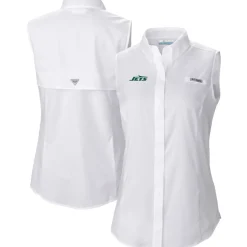 New York Jets Tank Tops^Women's Columbia White PFG Tamiami Omni-Shade Sleeveless Button-Up Shirt