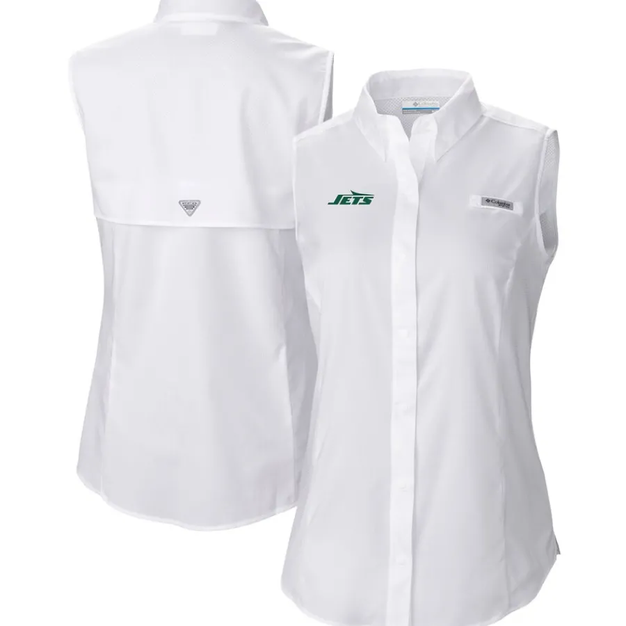 New York Jets Tank Tops^Women's Columbia White PFG Tamiami Omni-Shade Sleeveless Button-Up Shirt