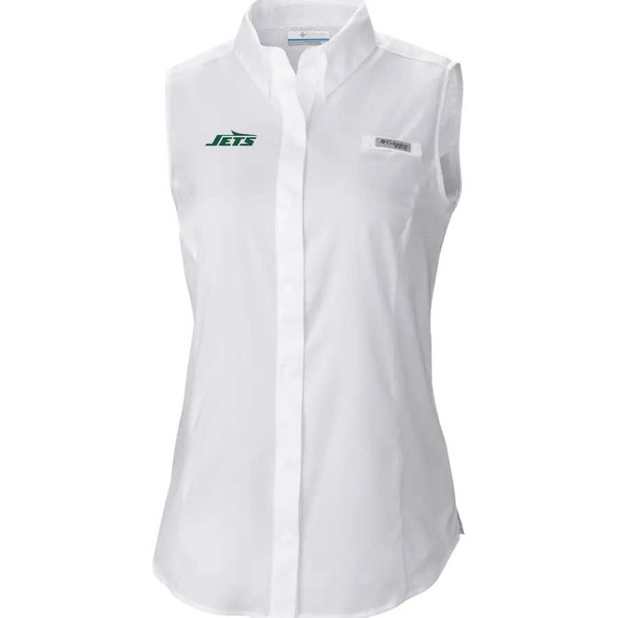 New York Jets Tank Tops^Women's Columbia White PFG Tamiami Omni-Shade Sleeveless Button-Up Shirt