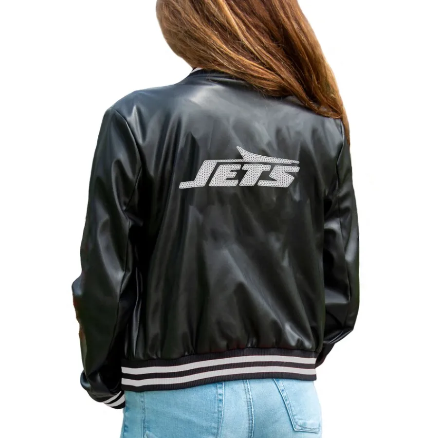 Women New York Jets Jackets^Women's Cuce Black Vegan Leather Full-Snap Jacket