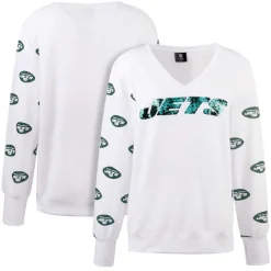 Women New York Jets Sweatshirts & Fleece | Women^Women's Cuce White Sequin Fleece V-Neck T-Shirt