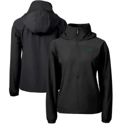 Women New York Jets Jackets | Sweatshirts & Fleece^Women's Cutter & Buck Black Primary Logo Charter Eco Recycled Half-Zip Hoodie Anorak Jacket