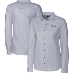 Women New York Jets Sweaters & Dress Shirts^Women's Cutter & Buck Charcoal Throwback Logo Stretch Oxford Stripe Long Sleeve Button-Up Shirt