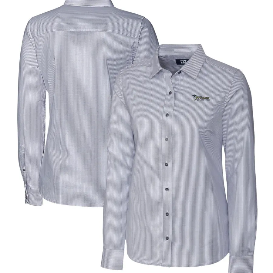 Women New York Jets Sweaters & Dress Shirts^Women's Cutter & Buck Charcoal Throwback Logo Stretch Oxford Stripe Long Sleeve Button-Up Shirt