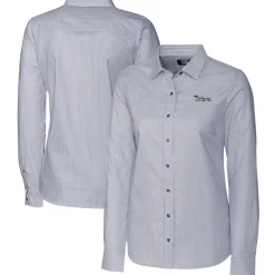 Women New York Jets Sweaters & Dress Shirts^Women's Cutter & Buck Charcoal Throwback Logo Stretch Oxford Stripe Long Sleeve Button-Up Shirt