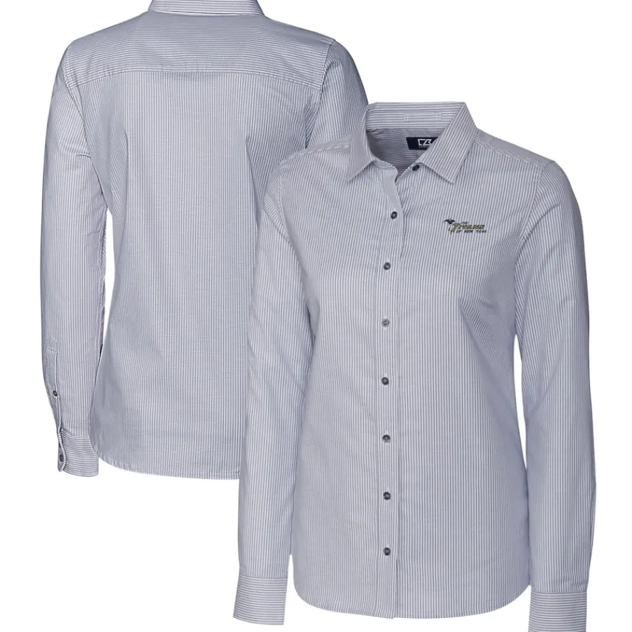 Women New York Jets Sweaters & Dress Shirts^Women's Cutter & Buck Charcoal Throwback Logo Stretch Oxford Stripe Long Sleeve Button-Up Shirt