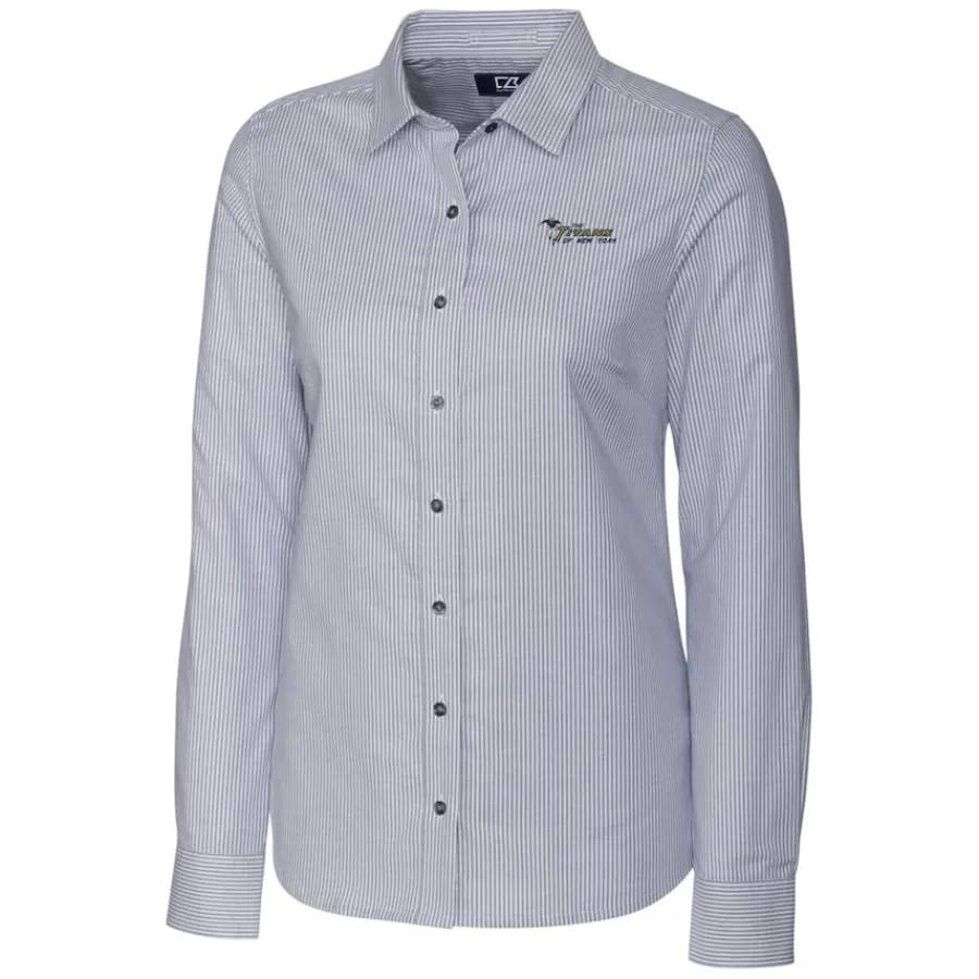 Women New York Jets Sweaters & Dress Shirts^Women's Cutter & Buck Charcoal Throwback Logo Stretch Oxford Stripe Long Sleeve Button-Up Shirt