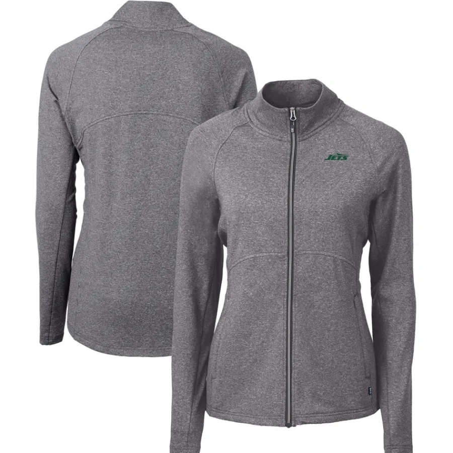 Women New York Jets Jackets^Women's Cutter & Buck Heather Black Primary Logo Adapt Eco Knit Hybrid Recycled Full-Zip Hoodie