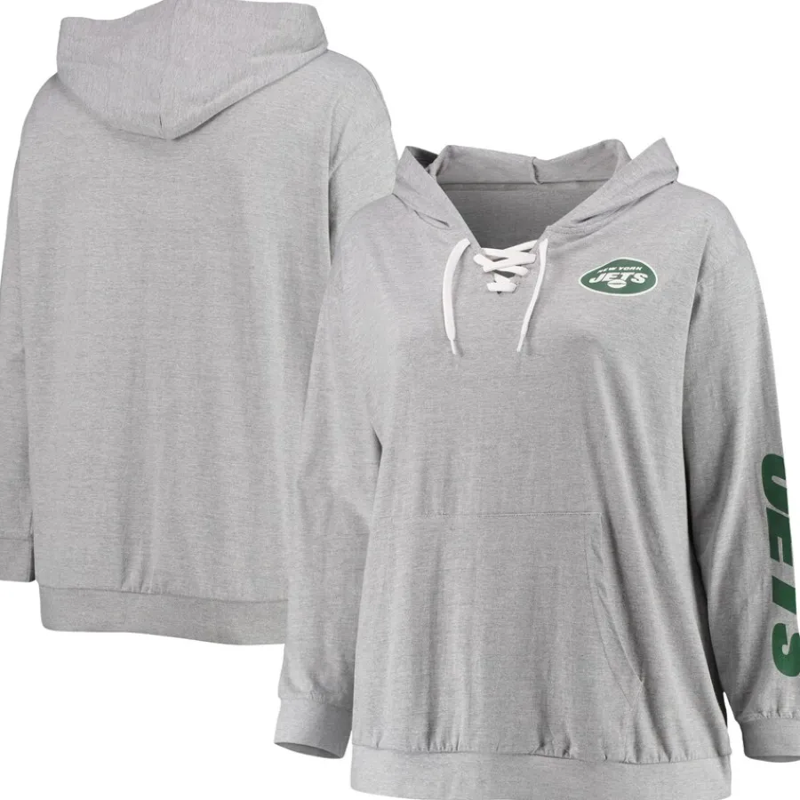 Women New York Jets Sweatshirts & Fleece | Women^Women's Fanatics Heathered Gray Plus Size Lace-Up Pullover Hoodie