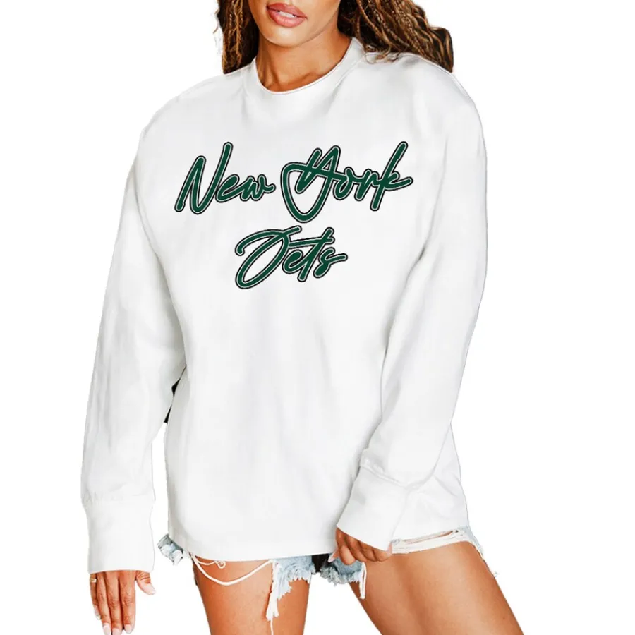 Women New York Jets Jackets^Women's Gameday Couture White Classic Comeback Oversized Long Sleeve T-Shirt