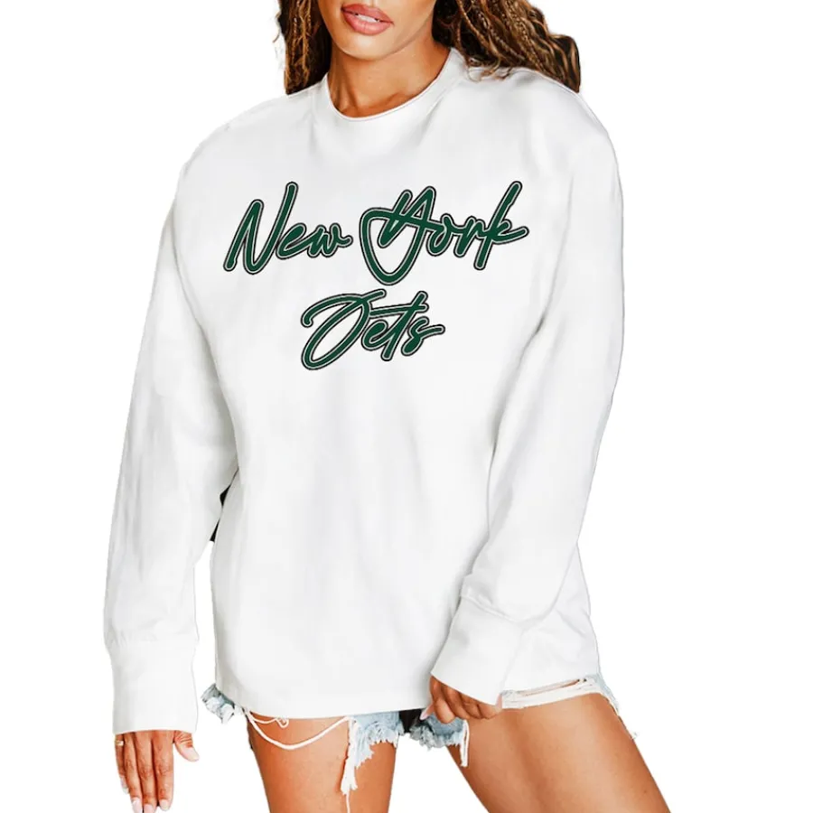 Women New York Jets Jackets^Women's Gameday Couture White Classic Comeback Oversized Long Sleeve T-Shirt