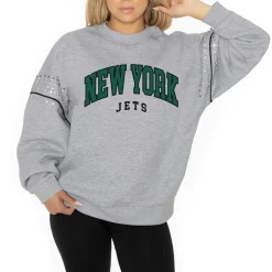 Women New York Jets Jackets | Sweatshirts & Fleece^Women's Gameday Couture Ash Rhinestone Drop Shoulder Oversized Fleece Pullover Sweatshirt