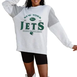 Women New York Jets Jackets | Sweatshirts & Fleece^Women's Gameday Couture Ash Rhinestone Star Mesh Shoulder Fleece Pullover Sweatshirt