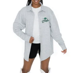 Women New York Jets Sweaters & Dress Shirts^Women's Gameday Couture Ash Full-Button Long Sleeve Overshirt