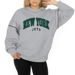 Women New York Jets Jackets | Sweatshirts & Fleece^Women's Gameday Couture Ash Rhinestone Drop Shoulder Oversized Fleece Pullover Sweatshirt