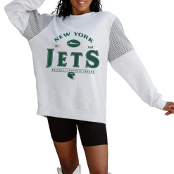 Women New York Jets Jackets | Sweatshirts & Fleece^Women's Gameday Couture Ash Rhinestone Star Mesh Shoulder Fleece Pullover Sweatshirt