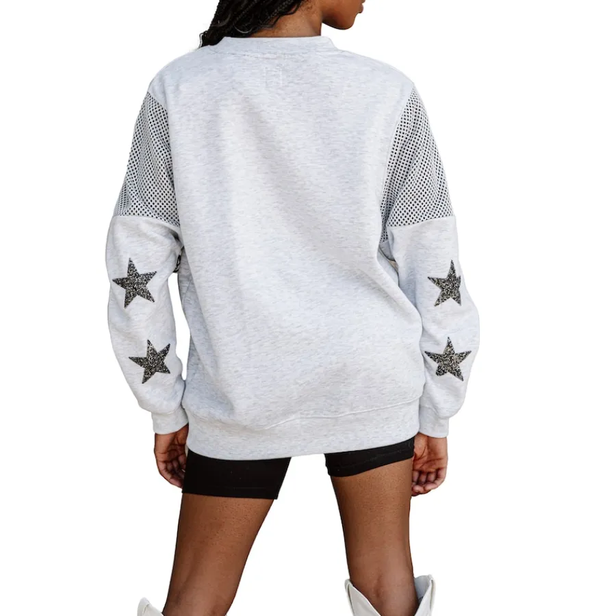 Women New York Jets Jackets | Sweatshirts & Fleece^Women's Gameday Couture Ash Rhinestone Star Mesh Shoulder Fleece Pullover Sweatshirt