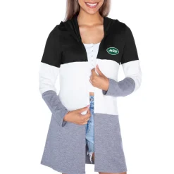 Women New York Jets Sweaters & Dress Shirts | Sweaters^Women's Gameday Couture Black Tri-Blend Color Block Lightweight Cardigan Hoodie
