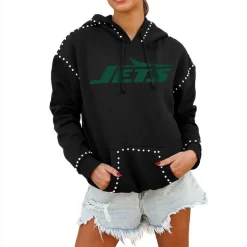Women New York Jets Jackets^Women's Gameday Couture Black Catch The Vibe Studded Pullover Hoodie