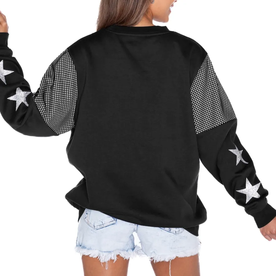 Women New York Jets Jackets | Sweatshirts & Fleece^Women's Gameday Couture Black Rhinestone Star Mesh Shoulder Fleece Pullover Sweatshirt