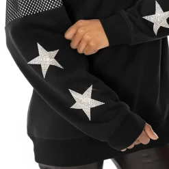 Women New York Jets Jackets | Sweatshirts & Fleece^Women's Gameday Couture Black Rhinestone Star Mesh Shoulder Fleece Pullover Sweatshirt