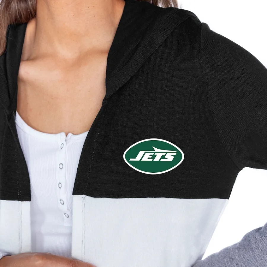 Women New York Jets Sweaters & Dress Shirts | Sweaters^Women's Gameday Couture Black Tri-Blend Color Block Lightweight Cardigan Hoodie