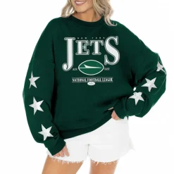 Women New York Jets Sweatshirts & Fleece | Women^Women's Gameday Couture Green Rhinestone Star Sleeve Settle The Score Tri-Blend Pullover Sweatshirt