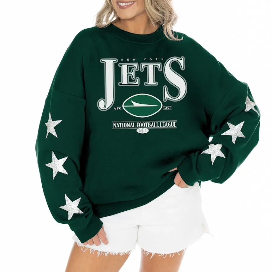 Women New York Jets Sweatshirts & Fleece | Women^Women's Gameday Couture Green Rhinestone Star Sleeve Settle The Score Tri-Blend Pullover Sweatshirt