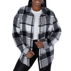 Women New York Jets Sweaters & Dress Shirts^Women's Gameday Couture Gray Fieldside Fun Plaid Button-Up Overshirt