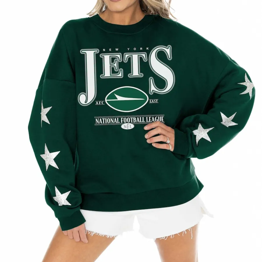 Women New York Jets Sweatshirts & Fleece | Women^Women's Gameday Couture Green Rhinestone Star Sleeve Settle The Score Tri-Blend Pullover Sweatshirt