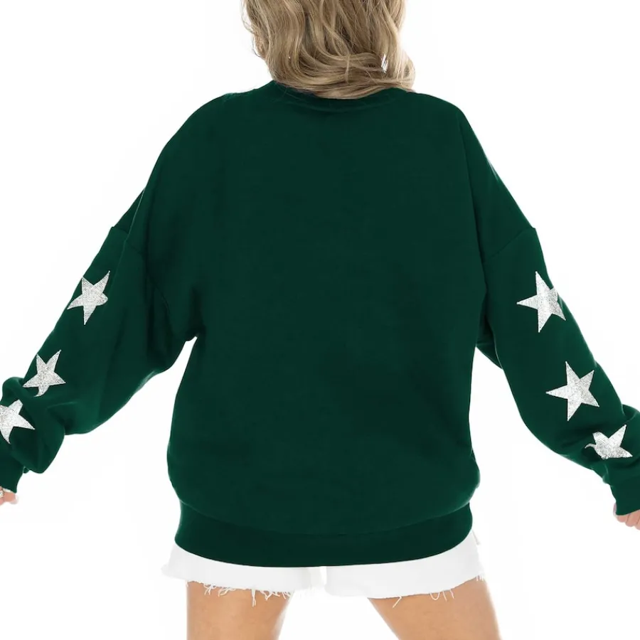 Women New York Jets Sweatshirts & Fleece | Women^Women's Gameday Couture Green Rhinestone Star Sleeve Settle The Score Tri-Blend Pullover Sweatshirt