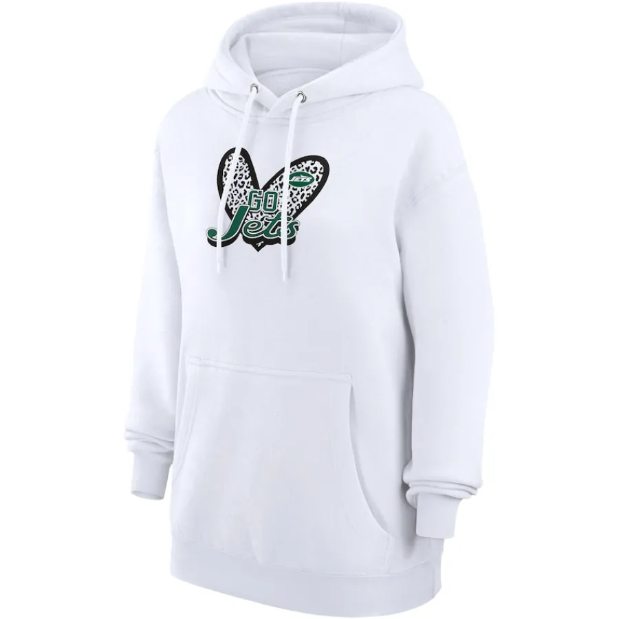Women New York Jets Jackets^Women's G-III 4Her By Carl Banks White Animal Print Heart Team Graphic Fleece Tri-Blend Pullover Hoodie