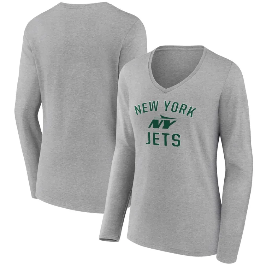 Women New York Jets T-Shirts | Women^Women's Gray Victory Arch Long Sleeve V-Neck T-Shirt