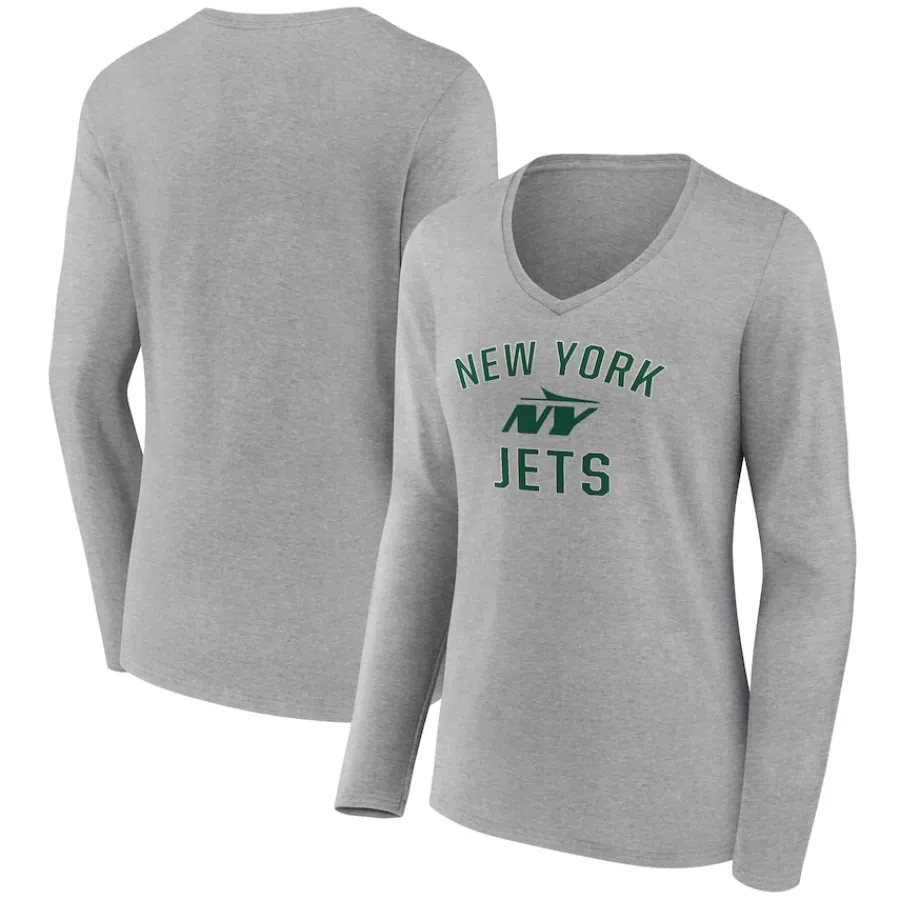 Women New York Jets T-Shirts | Women^Women's Gray Victory Arch Long Sleeve V-Neck T-Shirt
