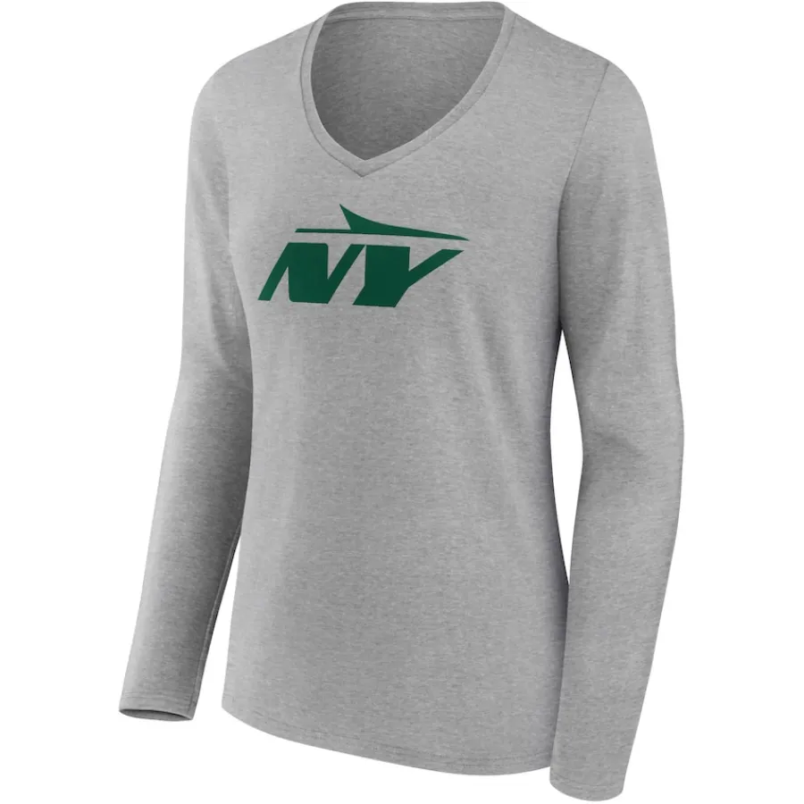 New York Jets Long Sleeved^Women's Gray Secondary Logo Long Sleeve V-Neck T-Shirt