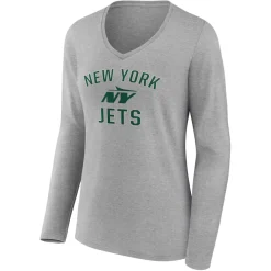 Women New York Jets T-Shirts | Women^Women's Gray Victory Arch Long Sleeve V-Neck T-Shirt