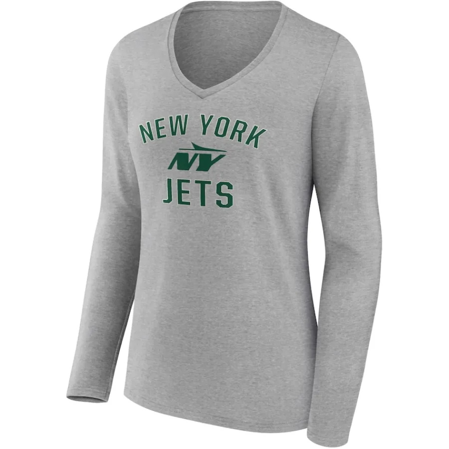 Women New York Jets T-Shirts | Women^Women's Gray Victory Arch Long Sleeve V-Neck T-Shirt