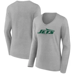 Women New York Jets T-Shirts | Women^Women's Heather Gray Logo Team Lockup Long Sleeve V-Neck T-Shirt