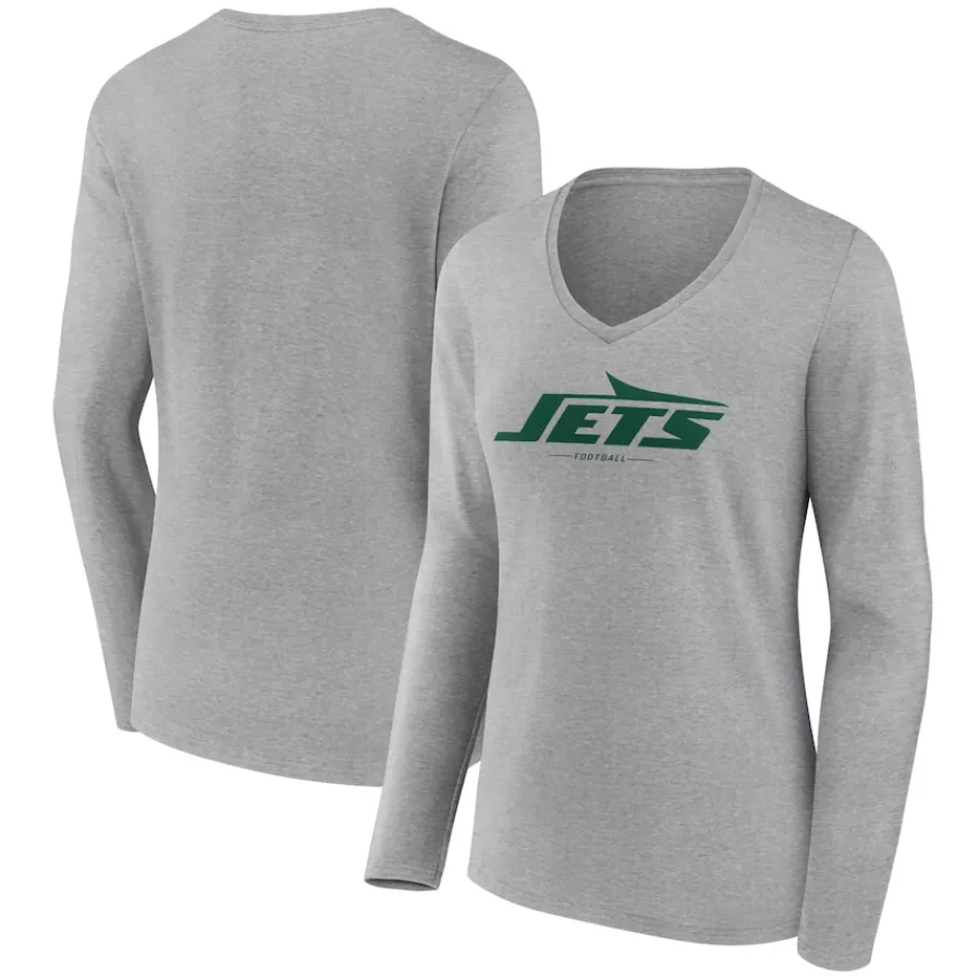 Women New York Jets T-Shirts | Women^Women's Heather Gray Logo Team Lockup Long Sleeve V-Neck T-Shirt