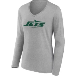 Women New York Jets T-Shirts | Women^Women's Heather Gray Logo Team Lockup Long Sleeve V-Neck T-Shirt