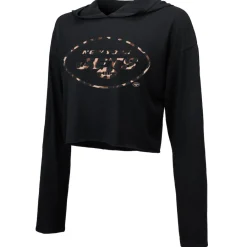 Women New York Jets Sweatshirts & Fleece | Women^Women's Majestic Threads Aaron Rodgers Black Leopard Player Name & Number Long Sleeve Cropped Hoodie