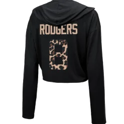 Women New York Jets Sweatshirts & Fleece | Women^Women's Majestic Threads Aaron Rodgers Black Leopard Player Name & Number Long Sleeve Cropped Hoodie