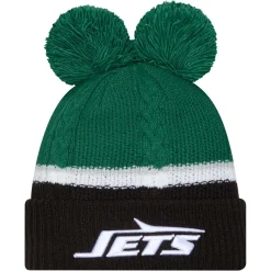 Women New York Jets Hats | Women^Women's New Era Green Double Bubble Cuffed Knit Hat With Poms